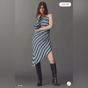 Maeve Anthropologie One Shoulder Asymmetrical Dress Blue White